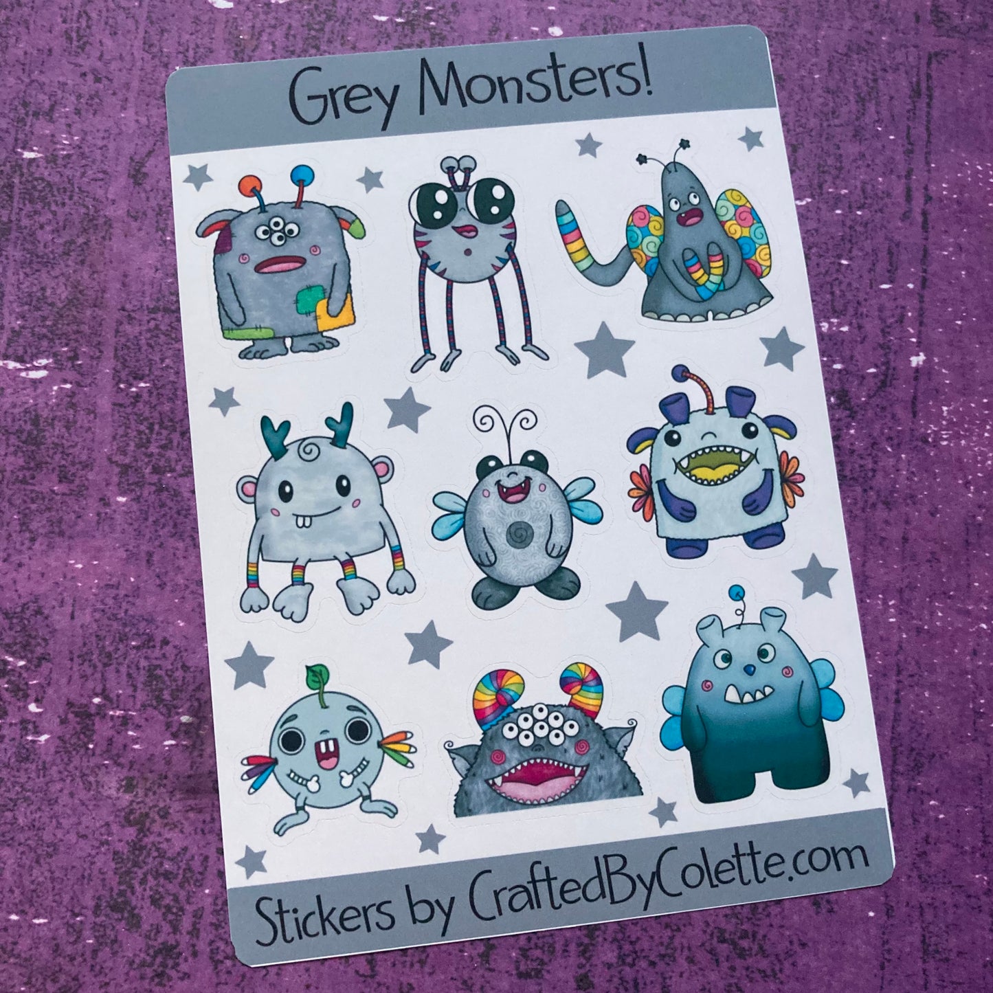 Monsters Sticker Sheet - Grey