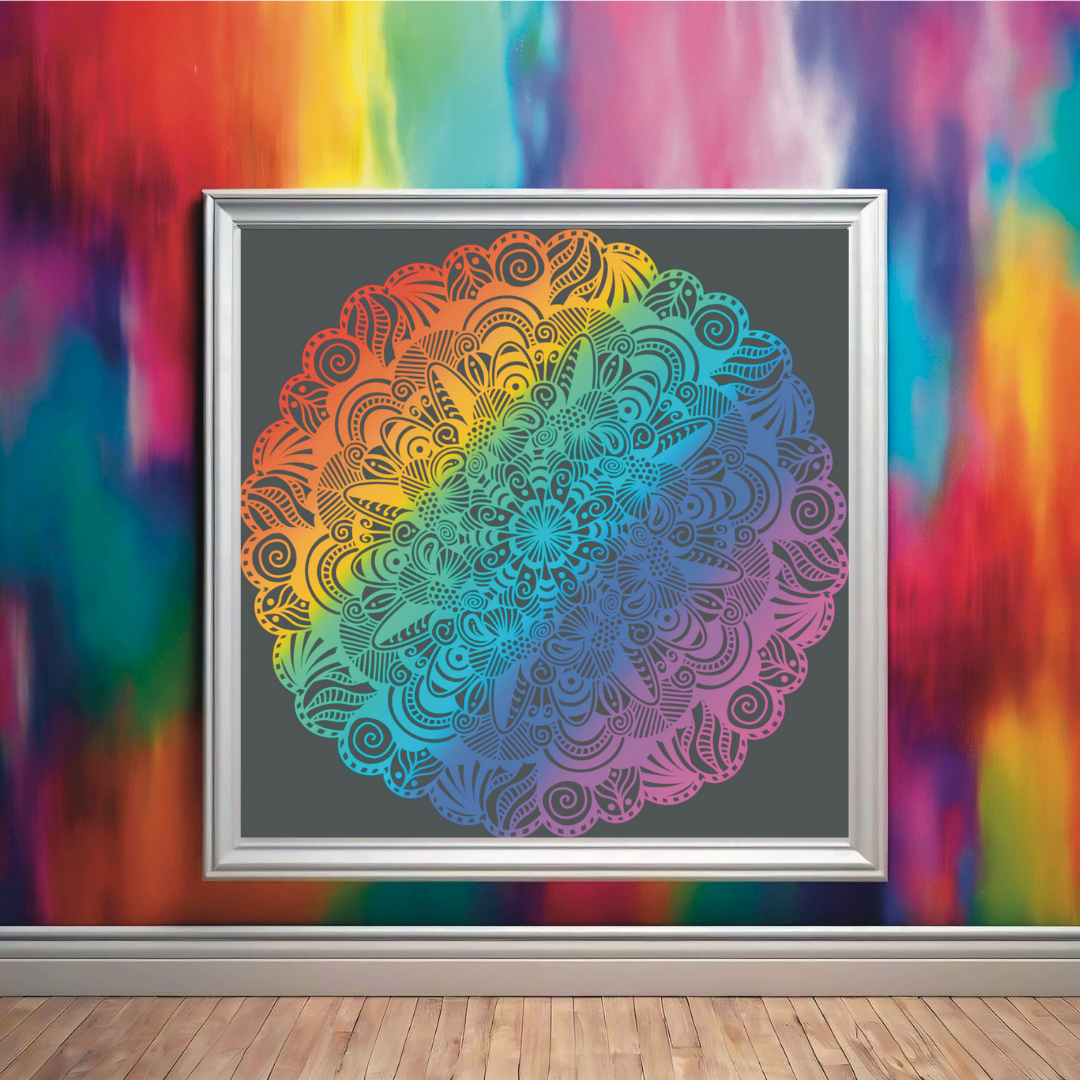 Abstract Rainbow on Grey Mandala Print