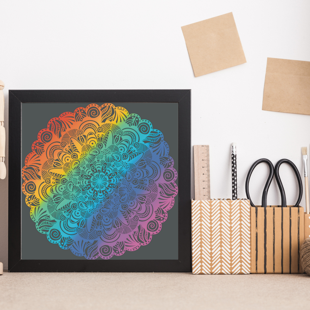 Abstract Rainbow on Grey Mandala Print