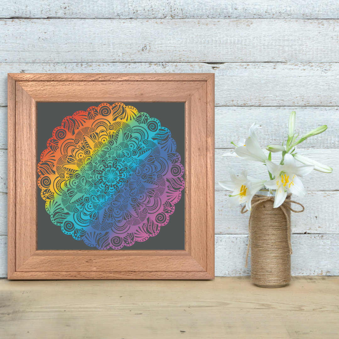 Abstract Rainbow on Grey Mandala Print