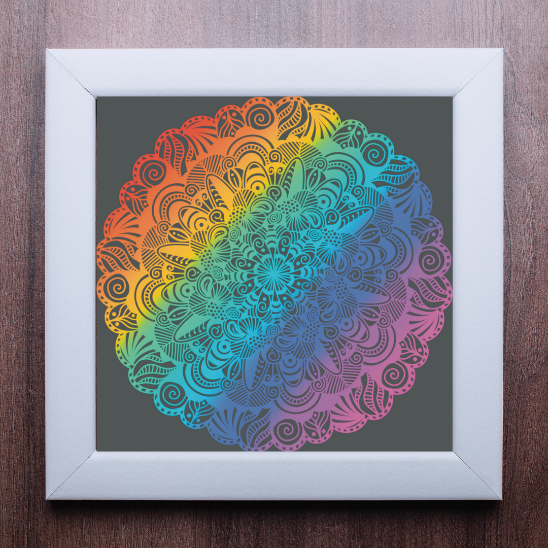 Abstract Rainbow on Grey Mandala Print