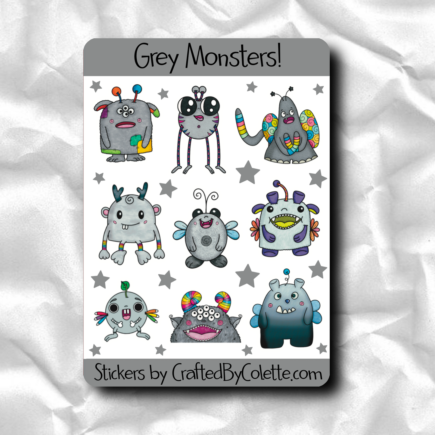 Monsters Sticker Sheet - Grey