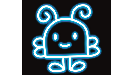 A neon blue illustration of a whimsical, childlike character with a rounded body, simple facial features, curly antennae, flower-like arms, and oval-shaped feet against a black background.