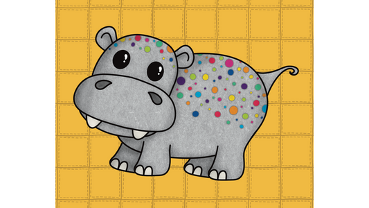 A cartoon hippo with a playful smile stands on a yellow plaid background. The grey hippo, adorned with colorful polka dots all over its body, has large, expressive eyes that add to its adorable appearance. The artist's signature is at the bottom right.