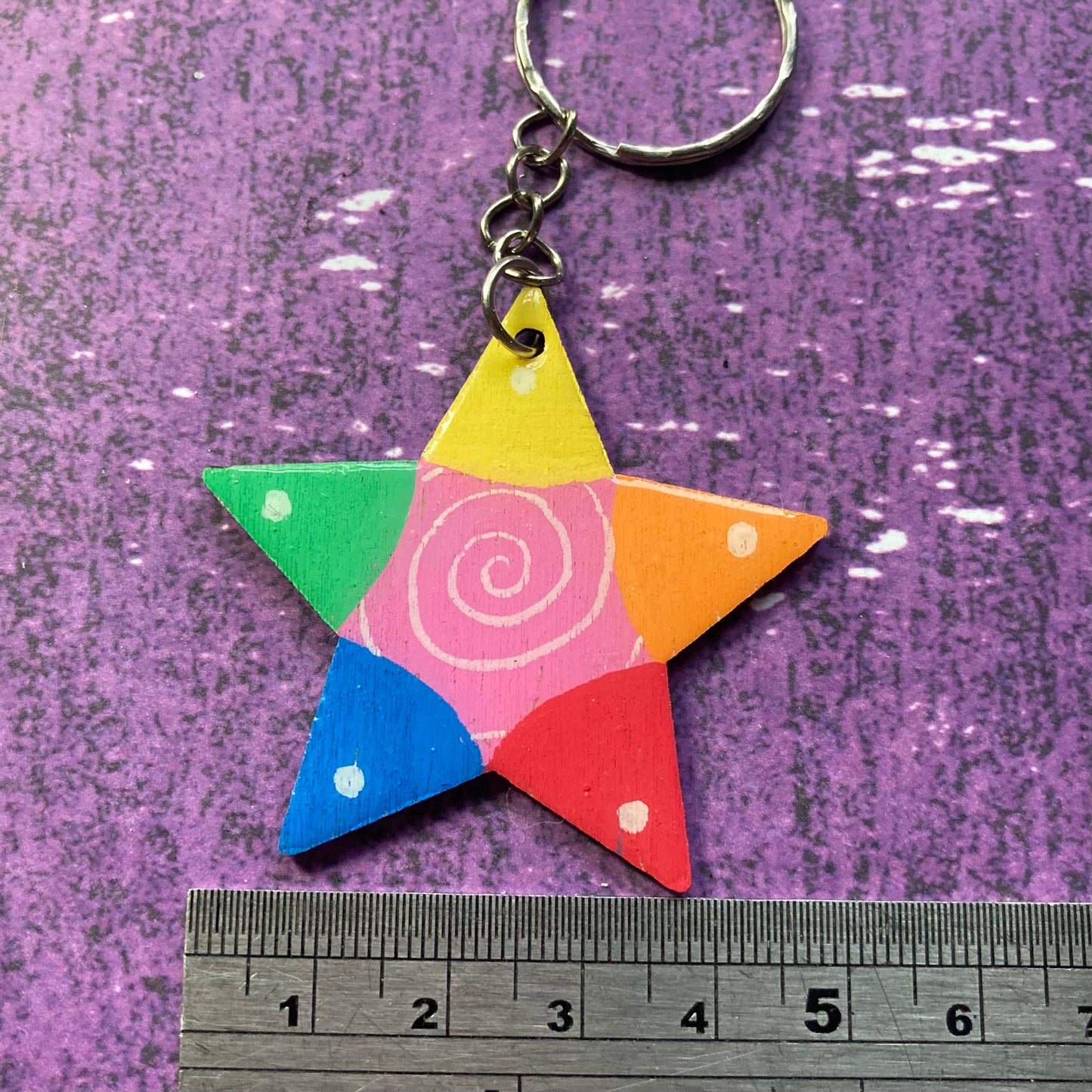 Star Shaped Handpainted Wood Keyring