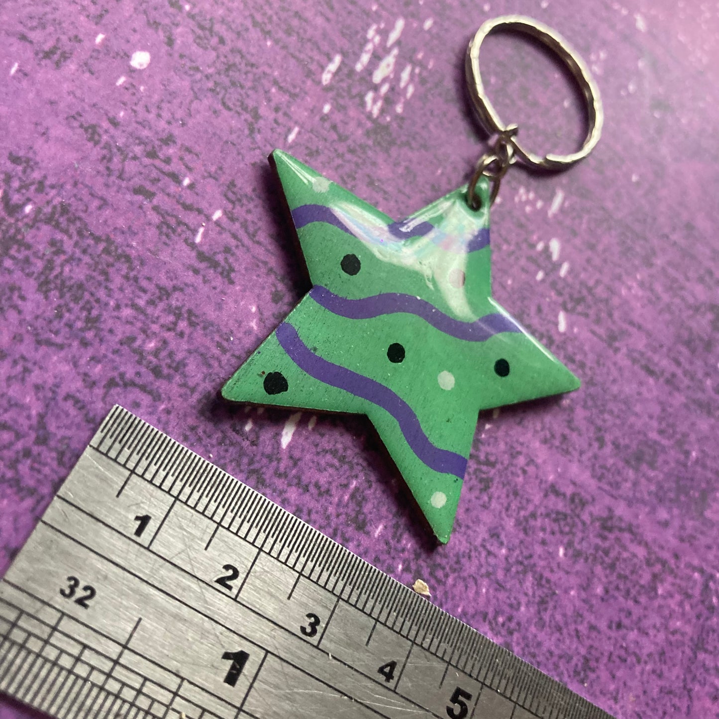 Star Shaped Handpainted Wood Keyring