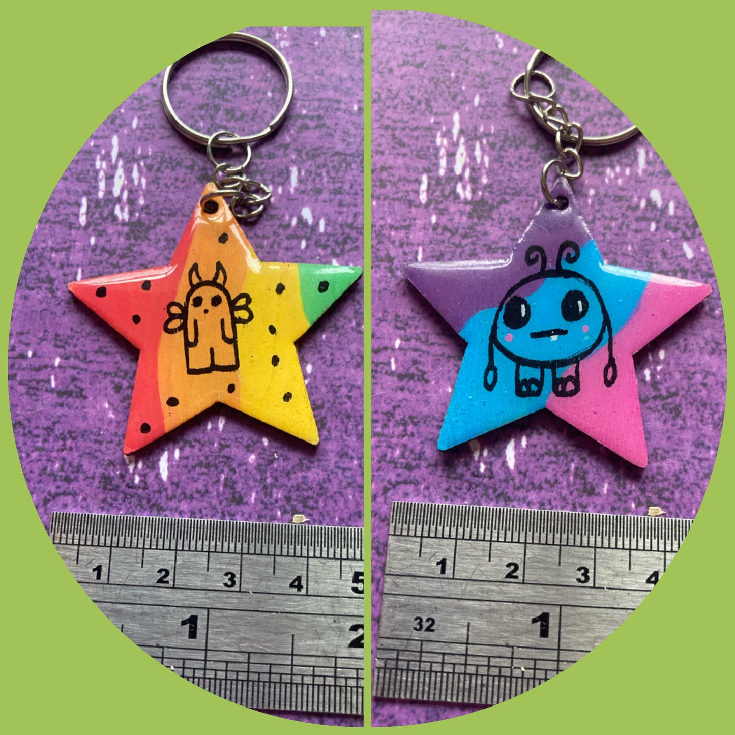 Star Shaped Double-Sided Handpainted Wood Keyring